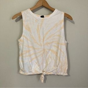 Tie dye sleeveless shirt, tanktop, white and orange, tie front, Vibe N, medium